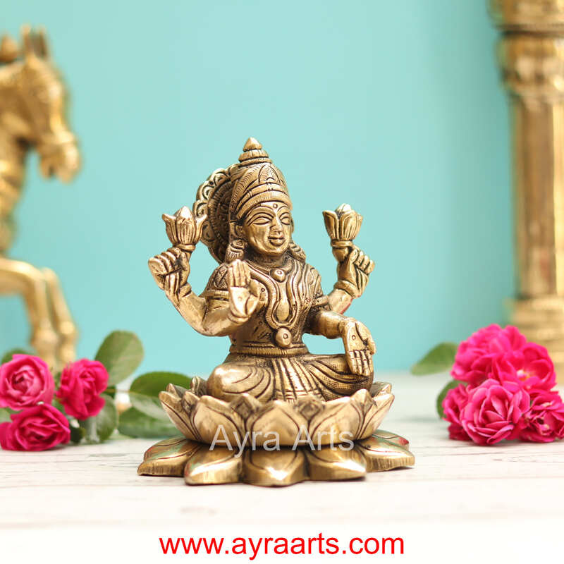 Brass Lakshmi Devi Sitting On Lotus  - 5 Inch Height