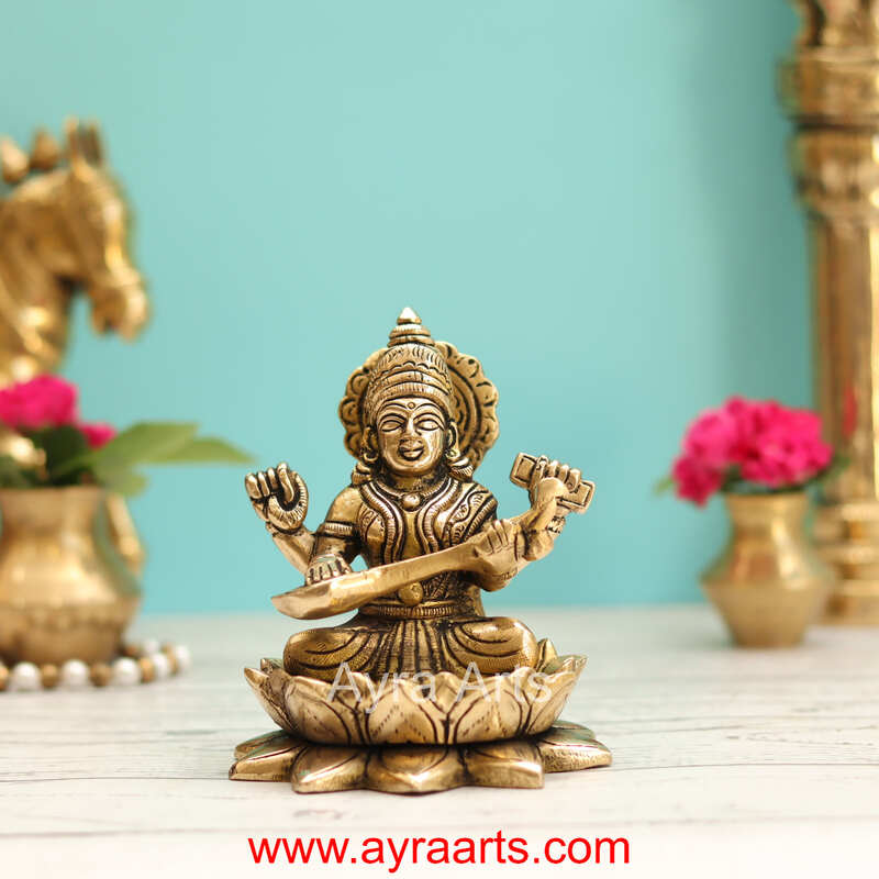 Brass Saraswati Devi Sitting On Lotus  - 5 Inch Height