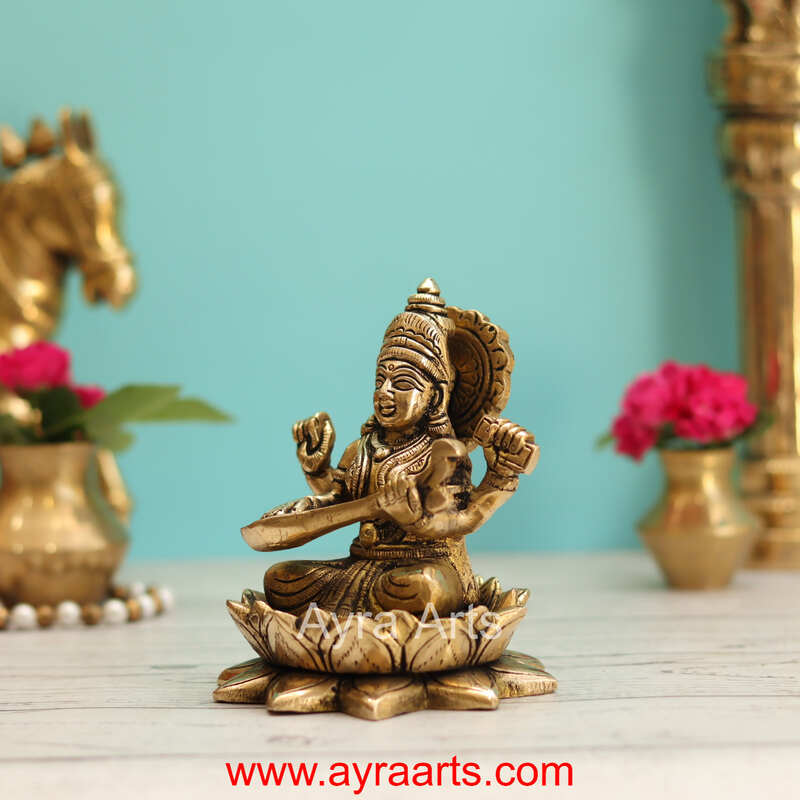 Brass Saraswati Devi Sitting On Lotus  - 5 Inch Height