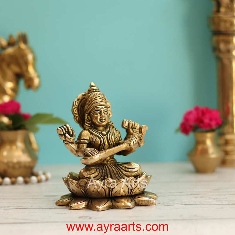 Brass Saraswati Devi Sitting On Lotus  - 5 Inch Height