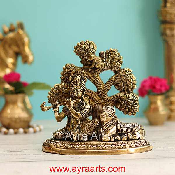 Brass Krishna with Cow under Kalpavriksha Tree - 6 Inch Height