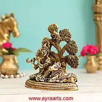 Brass Krishna with Cow under Kalpavriksha Tree - 6 Inch Height