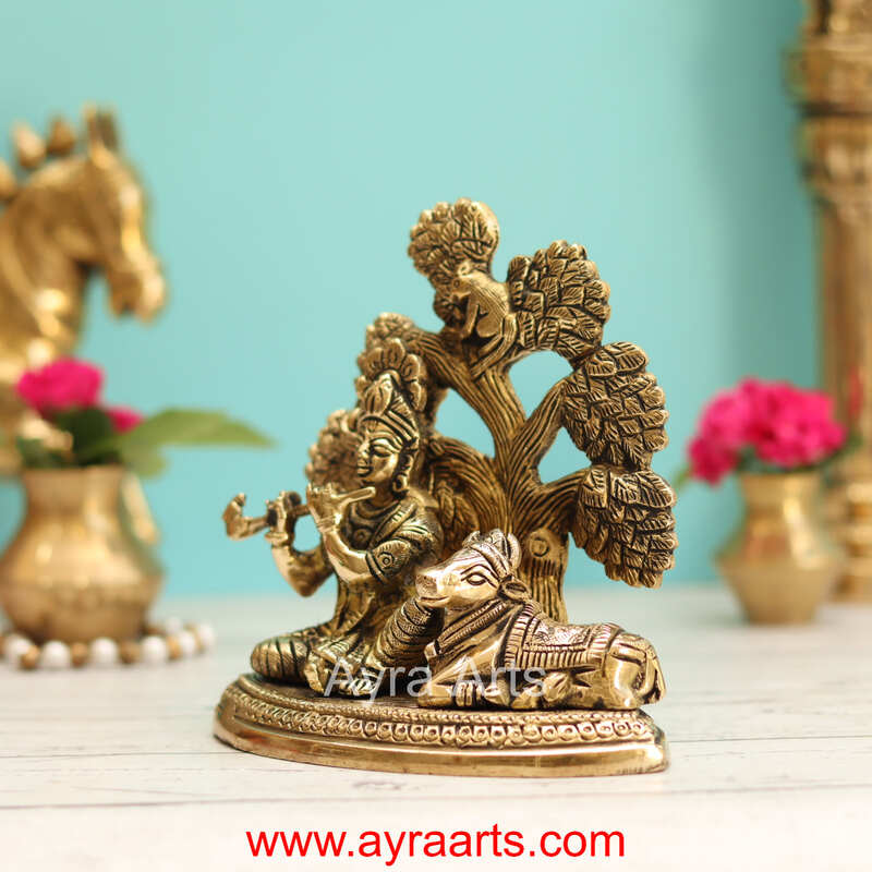Brass Krishna with Cow under Kalpavriksha Tree - 6 Inch Height