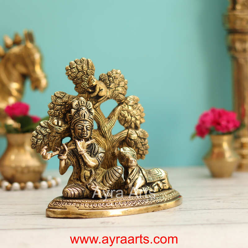 Brass Krishna with Cow under Kalpavriksha Tree - 6 Inch Height