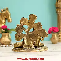 Brass Krishna with Cow under Kalpavriksha Tree - 6 Inch Height