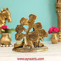 Brass Krishna with Cow under Kalpavriksha Tree - 6 Inch Height