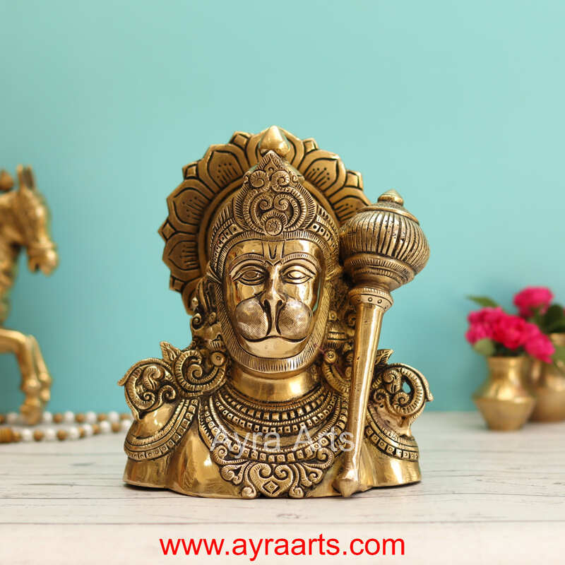Handcrafted Hanuman Ji Bust Brass Idol For Home Office Temple Lucky Decor - 8 Inch Height
