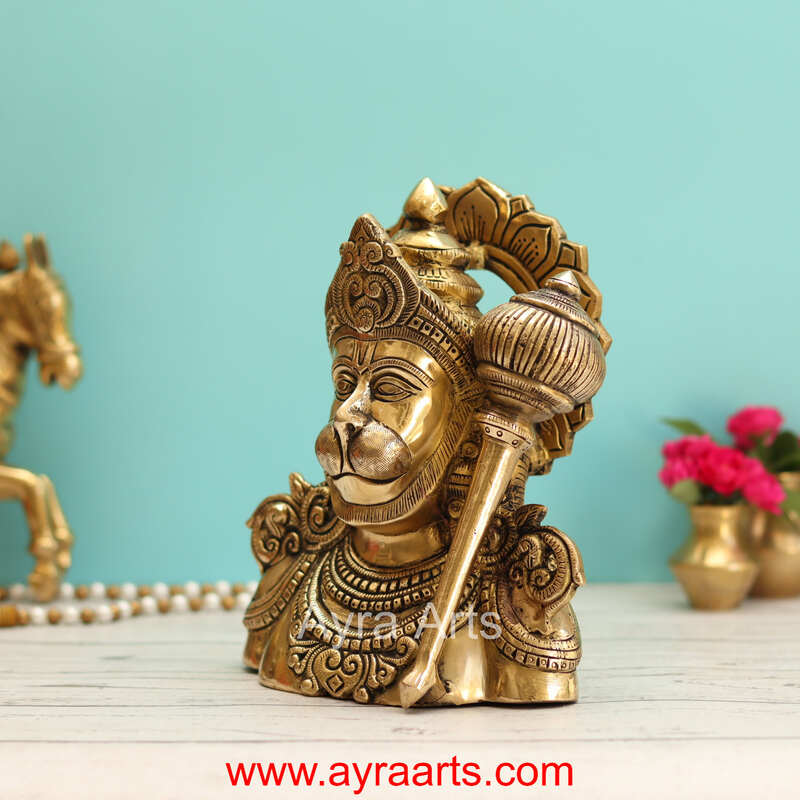 Handcrafted Hanuman Ji Bust Brass Idol For Home Office Temple Lucky Decor - 8 Inch Height