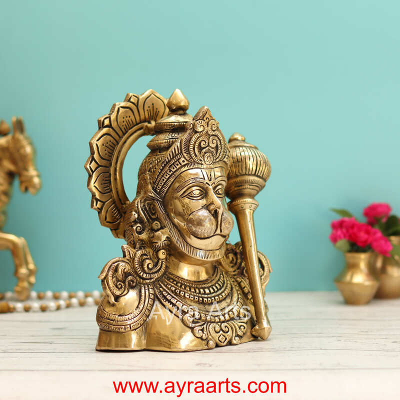 Handcrafted Hanuman Ji Bust Brass Idol For Home Office Temple Lucky Decor - 8 Inch Height
