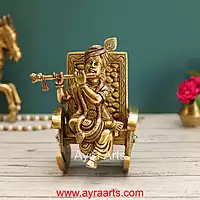 Flute Playing Brass Baby Krishna on Rocking Chair Idol - 7 Inch Height
