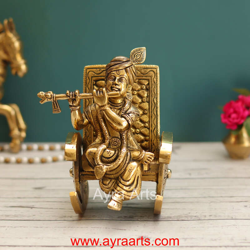 Flute Playing Brass Baby Krishna on Rocking Chair Idol - 7 Inch Height