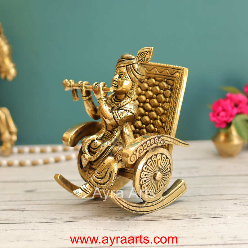 Flute Playing Brass Baby Krishna on Rocking Chair Idol - 7 Inch Height