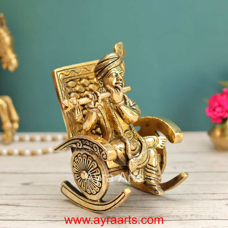 Flute Playing Brass Baby Krishna on Rocking Chair Idol - 7 Inch Height