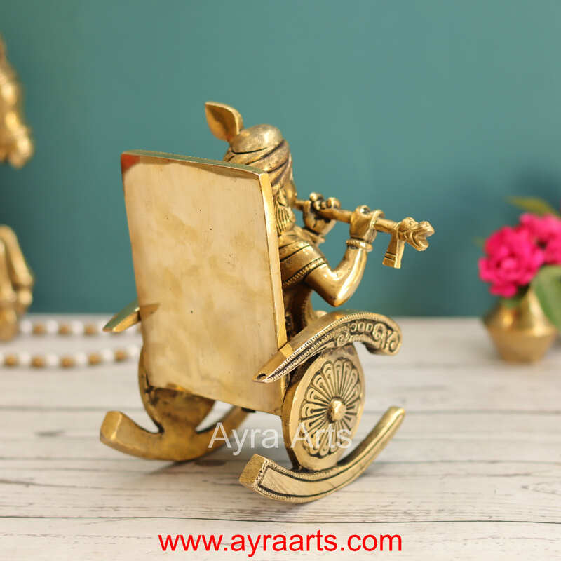Flute Playing Brass Baby Krishna on Rocking Chair Idol - 7 Inch Height