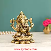 Brass Ganesh Sitting On Lotus  - 5 Inch Height