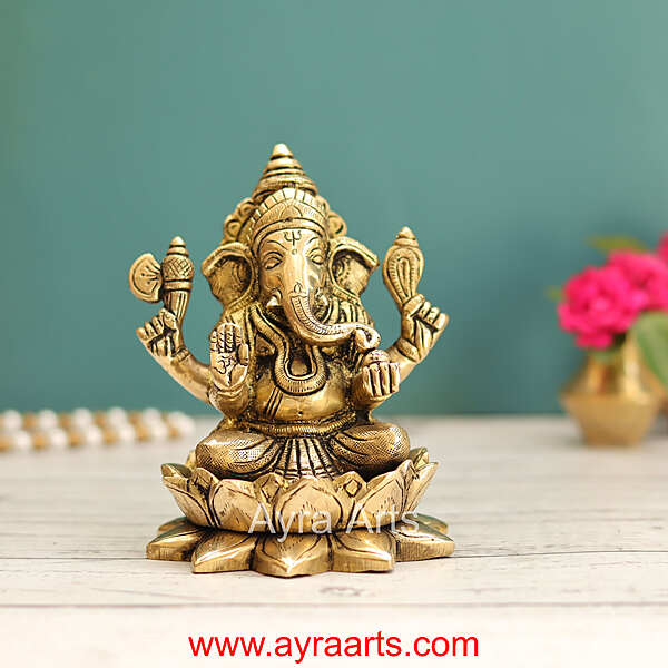 Brass Ganesh Sitting On Lotus  - 5 Inch Height