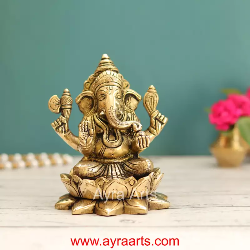 Brass Ganesh Sitting On Lotus  - 5 Inch Height