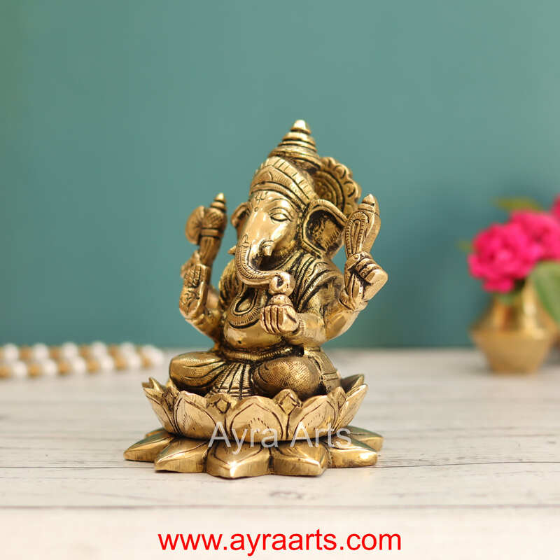 Brass Ganesh Sitting On Lotus  - 5 Inch Height