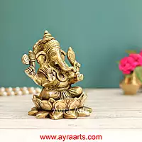 Brass Ganesh Sitting On Lotus  - 5 Inch Height