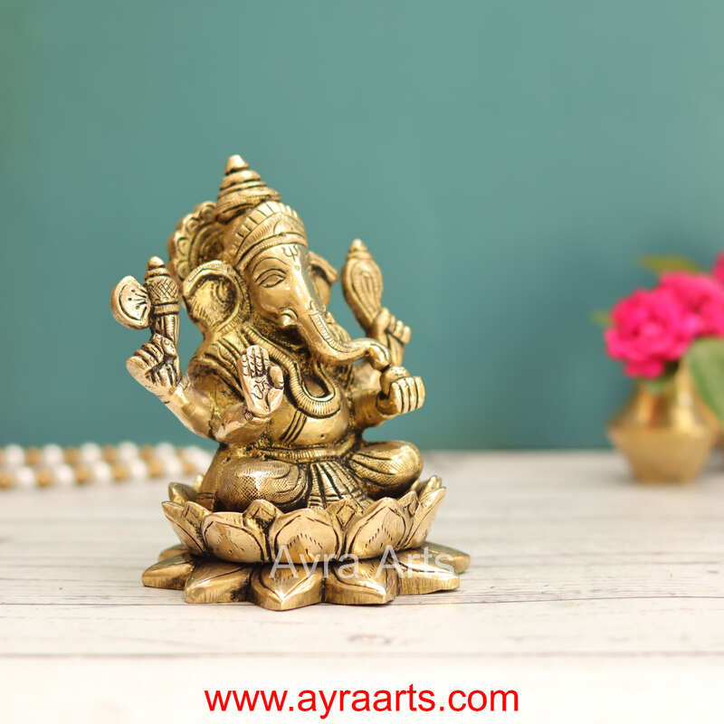 Brass Ganesh Sitting On Lotus  - 5 Inch Height