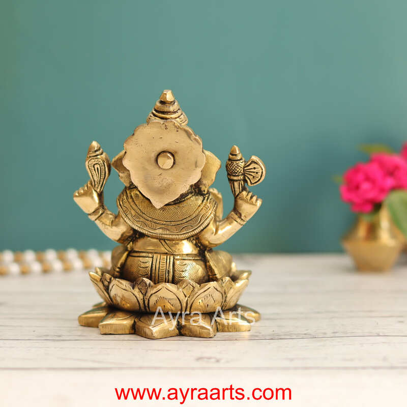 Brass Ganesh Sitting On Lotus  - 5 Inch Height