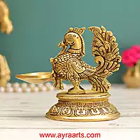 Brass Peacock Single Wick Diya With Oval Shape Base- 5 Inch Height