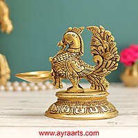 Brass Peacock Single Wick Diya With Oval Shape Base- 5 Inch Height