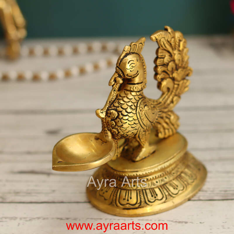 Brass Peacock Single Wick Diya With Oval Shape Base- 5 Inch Height