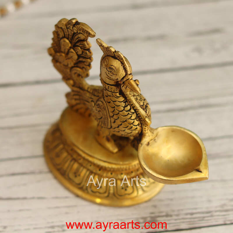 Brass Peacock Single Wick Diya With Oval Shape Base- 5 Inch Height