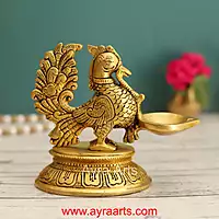 Brass Peacock Single Wick Diya With Oval Shape Base- 5 Inch Height