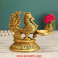 Brass Peacock Single Wick Diya With Oval Shape Base- 5 Inch Height
