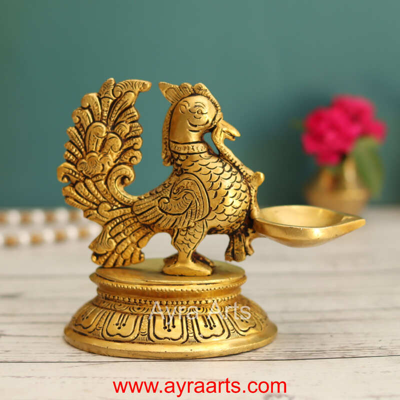 Brass Peacock Single Wick Diya With Oval Shape Base- 5 Inch Height