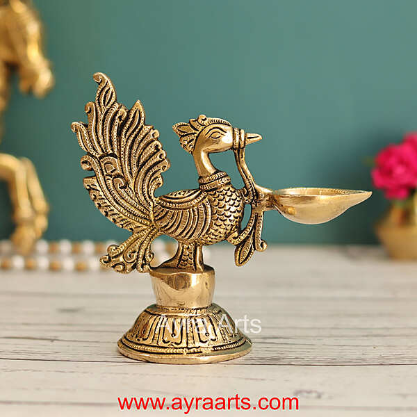 Brass Peacock Single Wick Diya - 5 Inch Height
