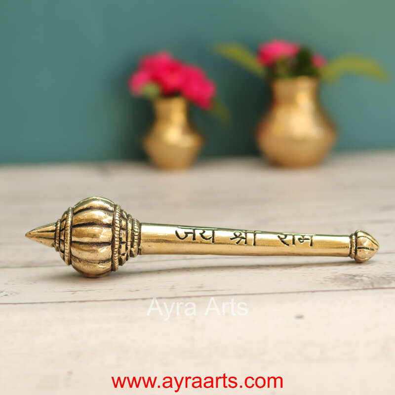 Jai Shri Ram Pure Brass Hanuman Ji Gada for Mandir Home Decor - 6.5 Inch Length