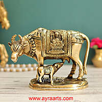 Lakshmi Ganesh Engraved Brass Kamdhenu Cow and Calf Idol for Pooja Mandir - 5 Inch Height