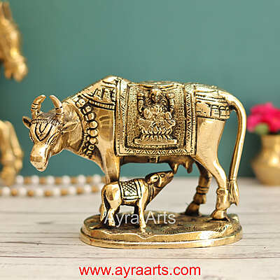 Lakshmi Ganesh Engraved Brass Kamdhenu Cow and Calf Idol for Pooja Mandir - 5 Inch Height