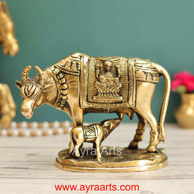 Lakshmi Ganesh Engraved Brass Kamdhenu Cow and Calf Idol for Pooja Mandir - 5 Inch Height