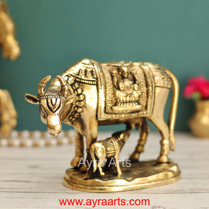 Lakshmi Ganesh Engraved Brass Kamdhenu Cow and Calf Idol for Pooja Mandir - 5 Inch Height
