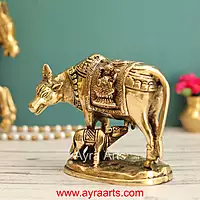 Lakshmi Ganesh Engraved Brass Kamdhenu Cow and Calf Idol for Pooja Mandir - 5 Inch Height