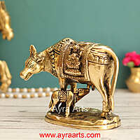 Lakshmi Ganesh Engraved Brass Kamdhenu Cow and Calf Idol for Pooja Mandir - 5 Inch Height