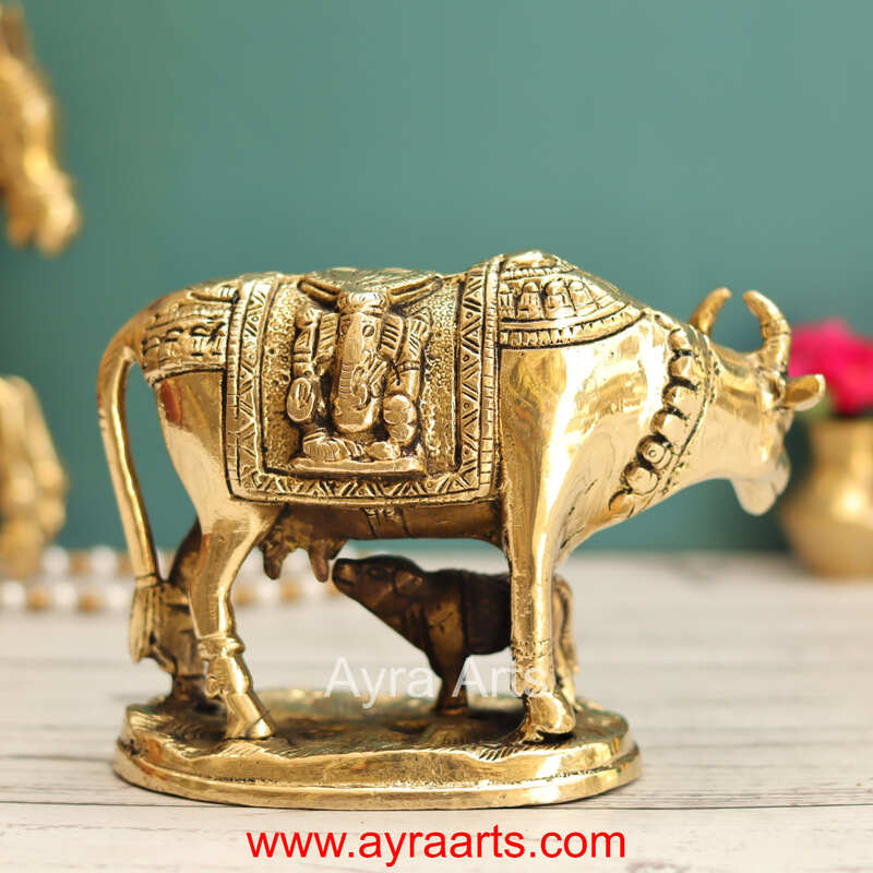 Lakshmi Ganesh Engraved Brass Kamdhenu Cow and Calf Idol for Pooja Mandir - 5 Inch Height