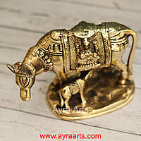 Lakshmi Ganesh Engraved Brass Kamdhenu Cow and Calf Idol for Pooja Mandir - 5 Inch Height