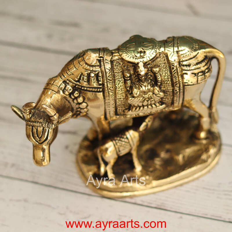 Lakshmi Ganesh Engraved Brass Kamdhenu Cow and Calf Idol for Pooja Mandir - 5 Inch Height