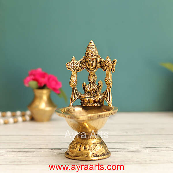 Brass Tirupati Balaji with Goddess Lakshmi Diya Oil Lamp Divine Diya - 5 Inch Height