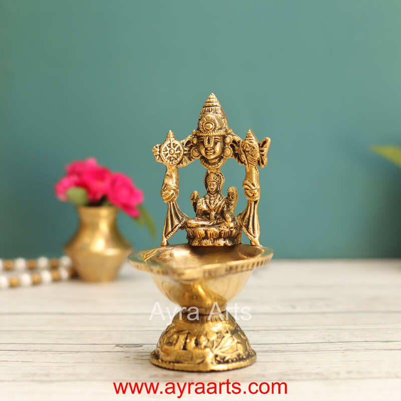 Brass Tirupati Balaji with Goddess Lakshmi Diya Oil Lamp Divine Diya - 5 Inch Height