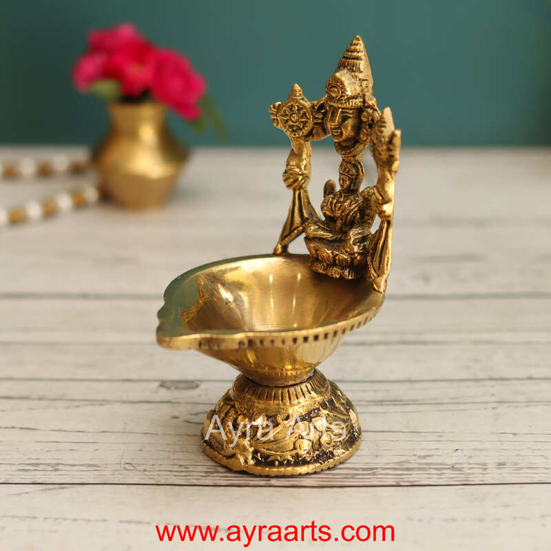 Brass Tirupati Balaji with Goddess Lakshmi Diya Oil Lamp Divine Diya - 5 Inch Height
