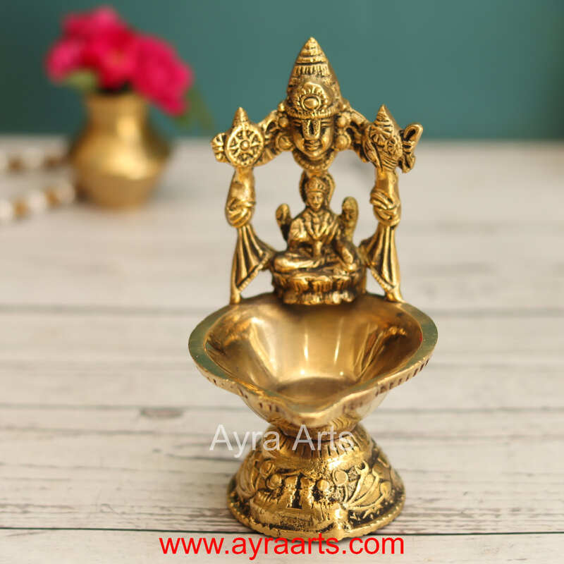 Brass Tirupati Balaji with Goddess Lakshmi Diya Oil Lamp Divine Diya - 5 Inch Height