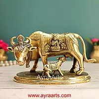 Lakshmi Ganesh Engraved Brass Kamdhenu Cow and Calf Idol for Pooja Mandir - 5.5 Inch Height