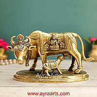 Lakshmi Ganesh Engraved Brass Kamdhenu Cow and Calf Idol for Pooja Mandir - 5.5 Inch Height