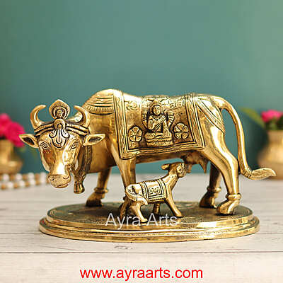 Lakshmi Ganesh Engraved Brass Kamdhenu Cow and Calf Idol for Pooja Mandir - 5.5 Inch Height